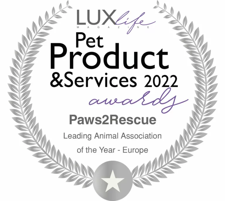 Paws2Rescue winners badge for leading animal association of the year (europe) award at the 2022 LUXLife Pet Product & Services Awards