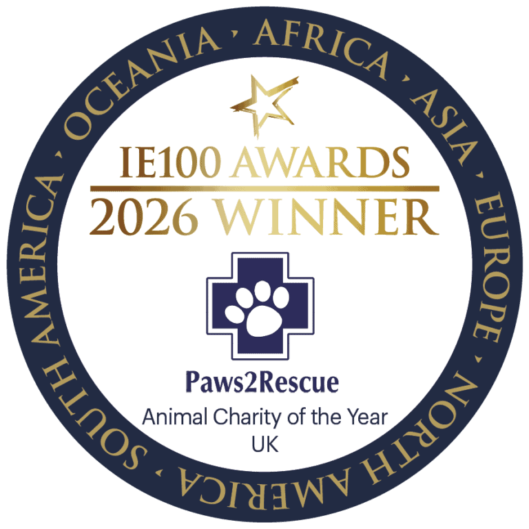 Paws2Rescue logo with 2026 Animal Charity of the Year award badge.